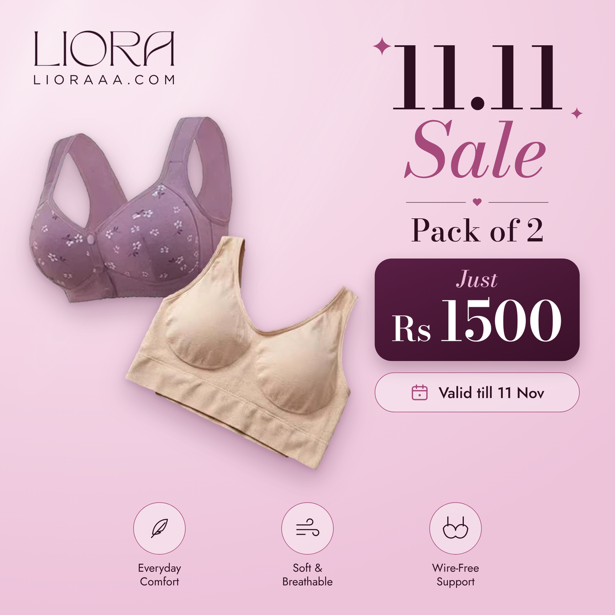Pack of 2 Cotton Bras, Front Button + Broad Strap