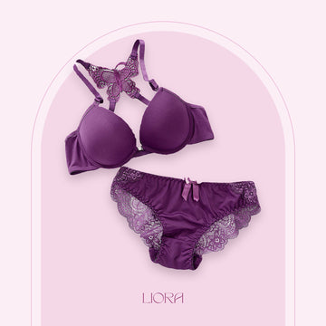 Front Open Butterfly Push-Up Bra Set - Black